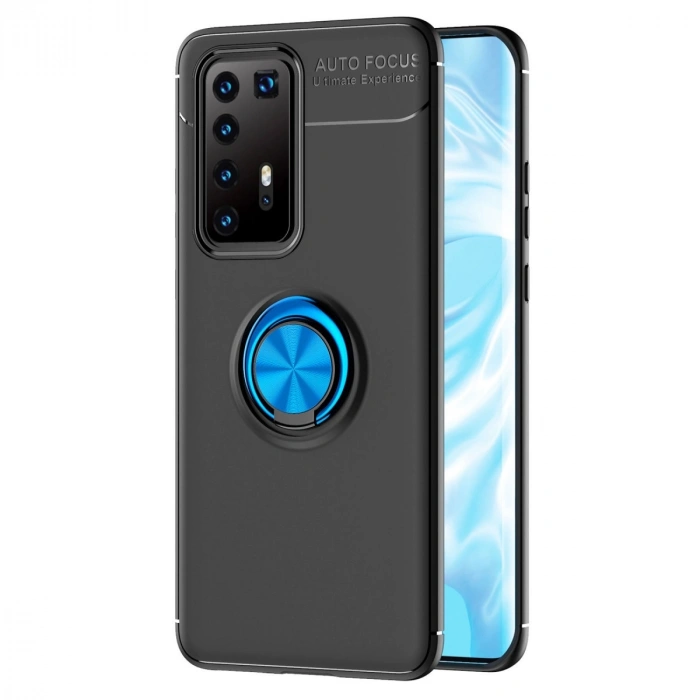 Huawei P40 Pro Kılıf Range Yüzüklü Silikon - Siyah-mavi