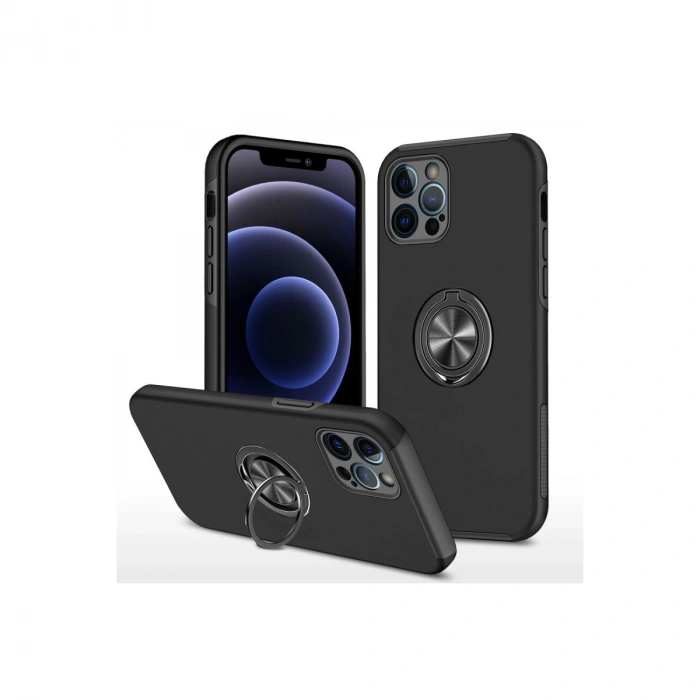 İphone 12 Pro Max Kılıf Elit Yüzüklü Kapak - Siyah
