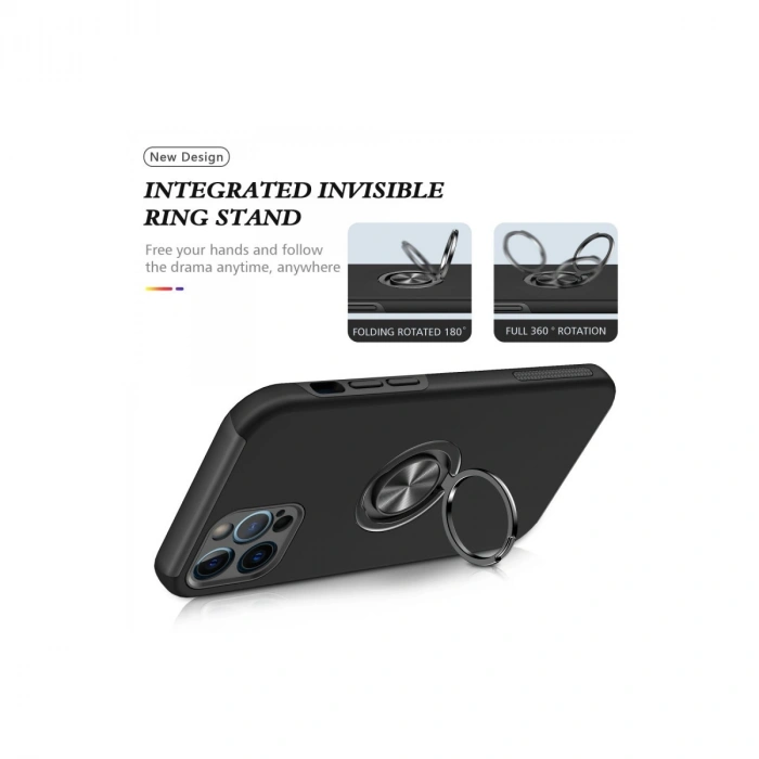 İphone 12 Pro Max Kılıf Elit Yüzüklü Kapak - Siyah