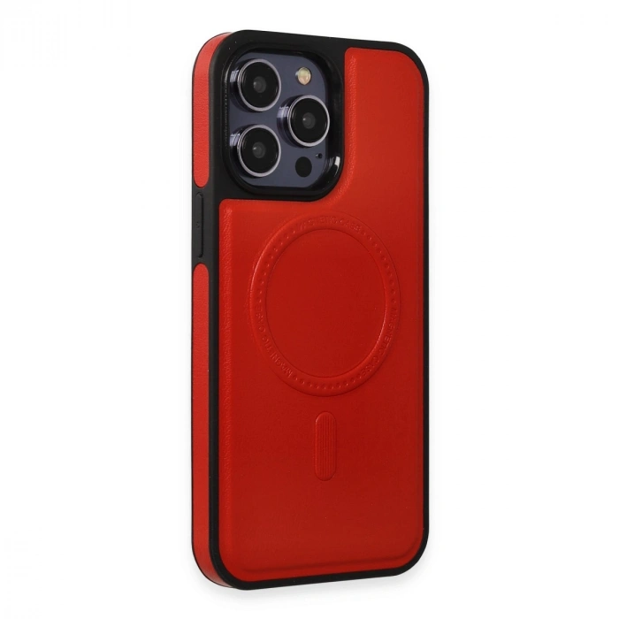 İphone 13 Pro Max Kılıf Ozzi Magsafe Deri Kapak - Kırmızı