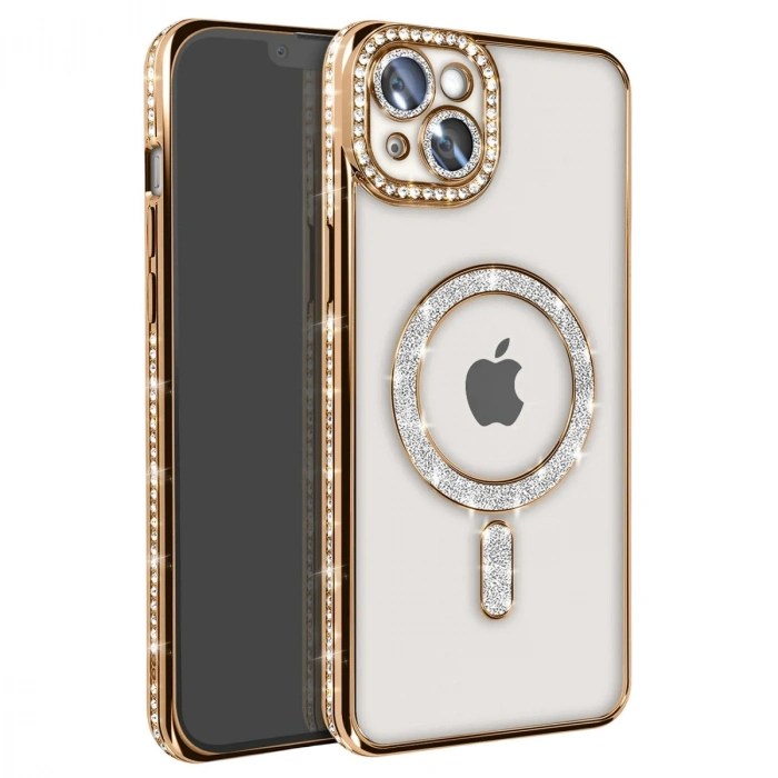 İphone 14 Kılıf Joke Simli Magneticsafe Kılıf - Gold