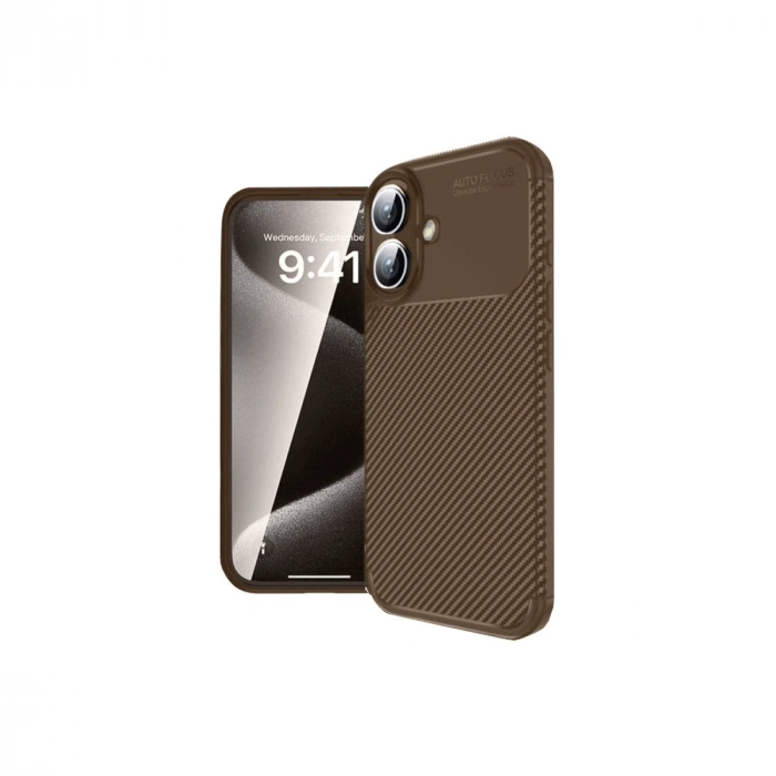 İphone 16 Kılıf Auto Focus Karbon Kapak - Kahverengi