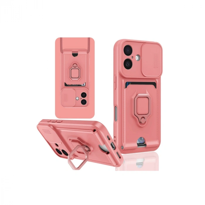 İphone 16 Kılıf Zuma Kartvizitli Yüzüklü Silikon - Pembe