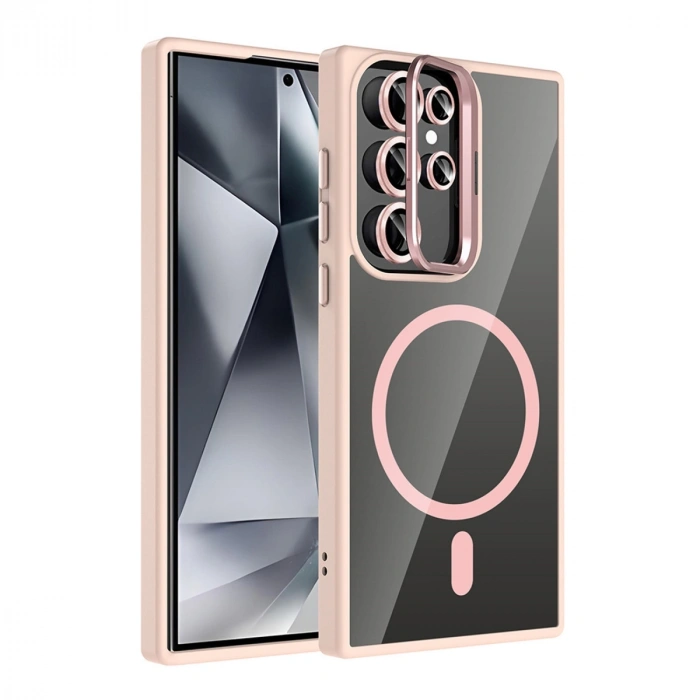Joko Samsung Galaxy S23 Ultra Remim Lensli Magsafe Standlı Kapak - Pembe
