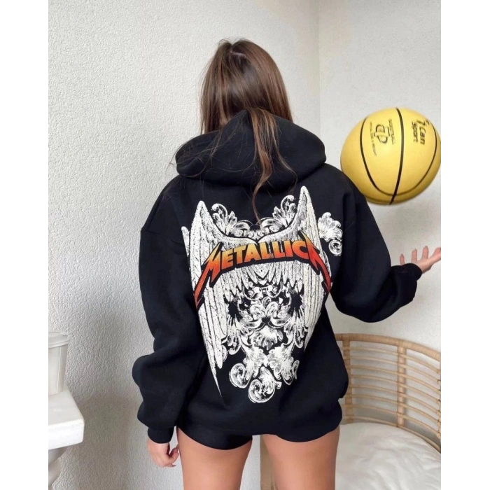 Kadın 2 İplik METALLICA Baskılı Kapüşonlu Hoodie Sweatshirt - Siyah