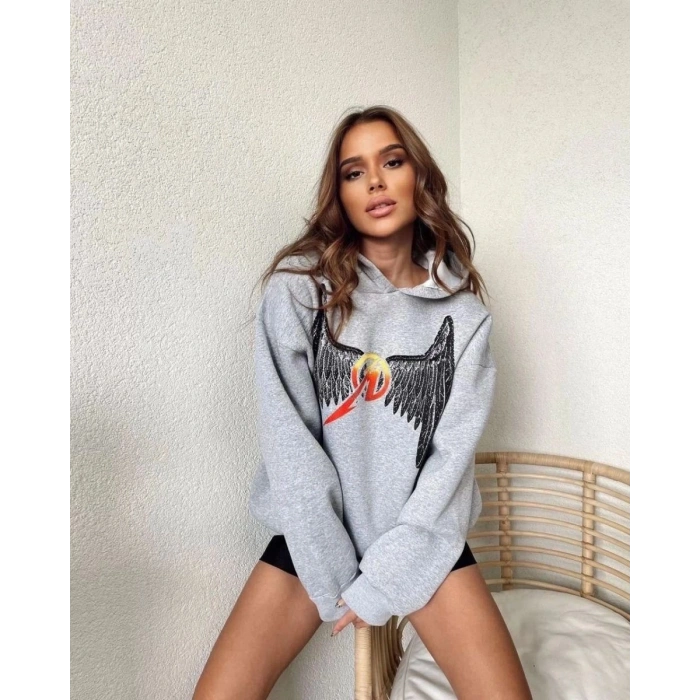 Kadın 2 İplik METALLICA Baskılı Kapüşonlu Sweatshirt Hoodie - Gri