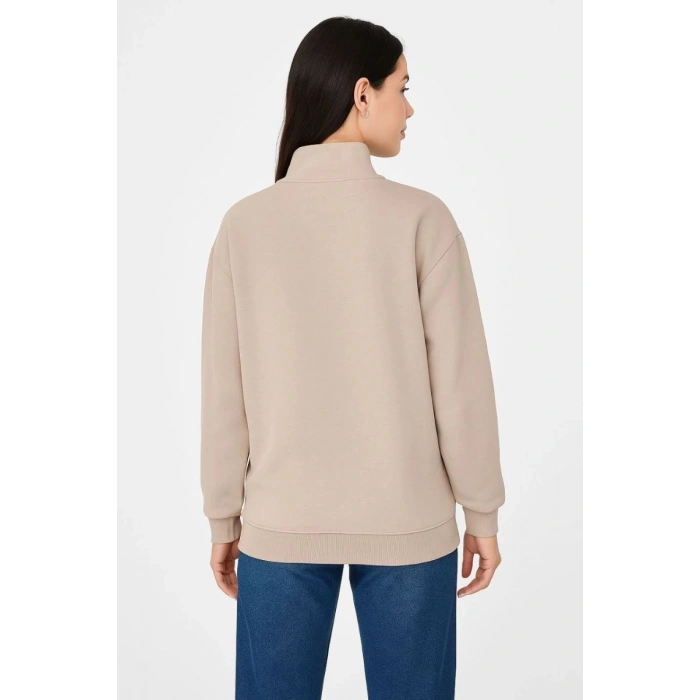 Kadın 3 İplik Dık Yaka Yarım Fermuarlı SweatShirt - Bej
