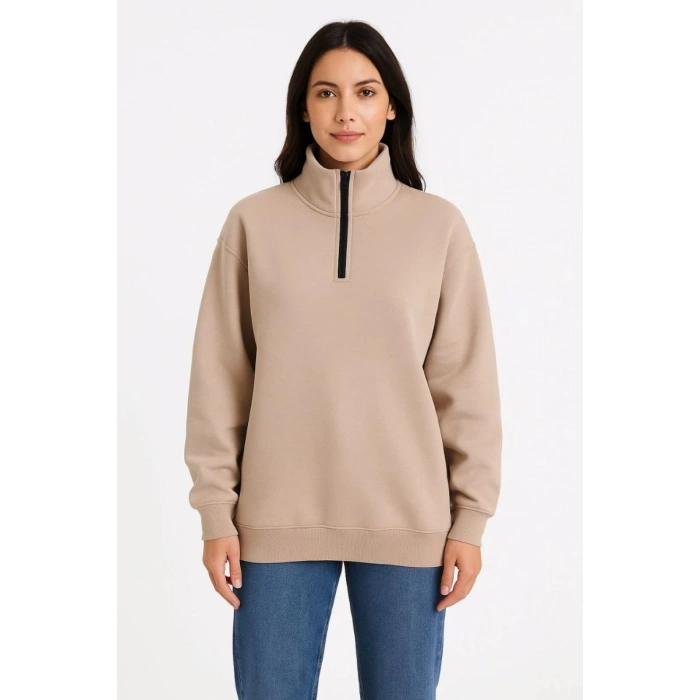 Kadın 3 İplik Dık Yaka Yarım Fermuarlı SweatShirt - Bej