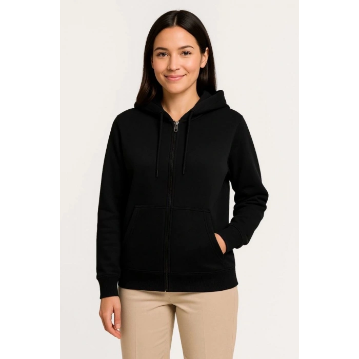 Kadın 3 İplik Kapüşonlu Tam Fermuarlı Kanguru Cepli Sweatshirt Hoodie - Siyah