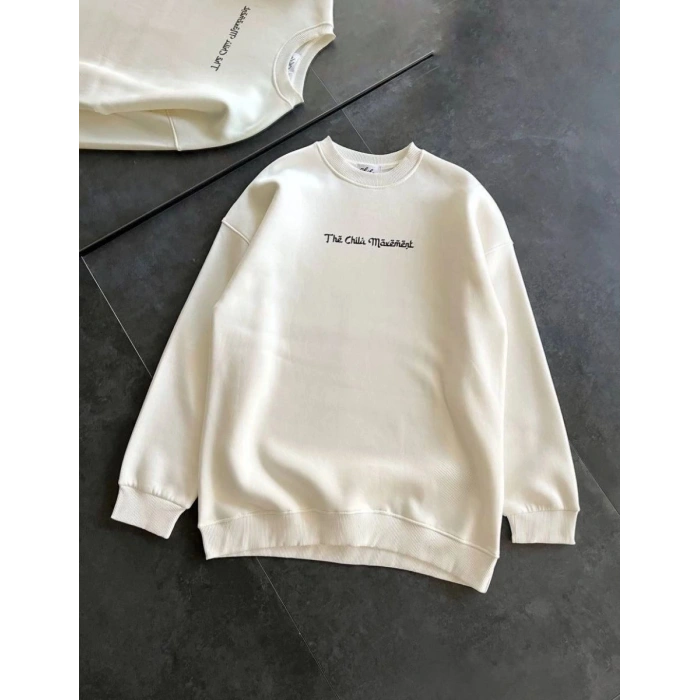 Kadın 3 İplik Pamuklu Bisiklet Yaka Baskılı SweatShirt - Beyaz