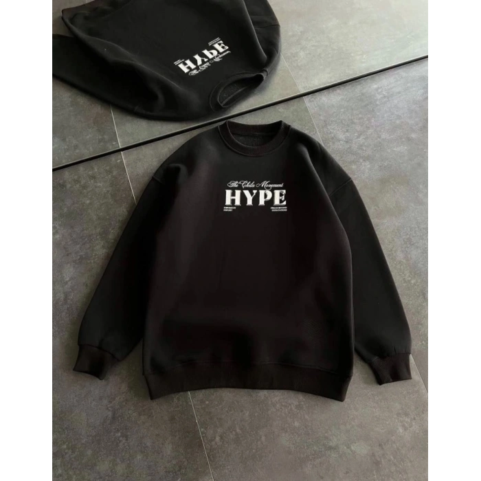 Kadın 3 İplik Pamuklu Bisiklet Yaka Baskılı SweatShirt - Siyah