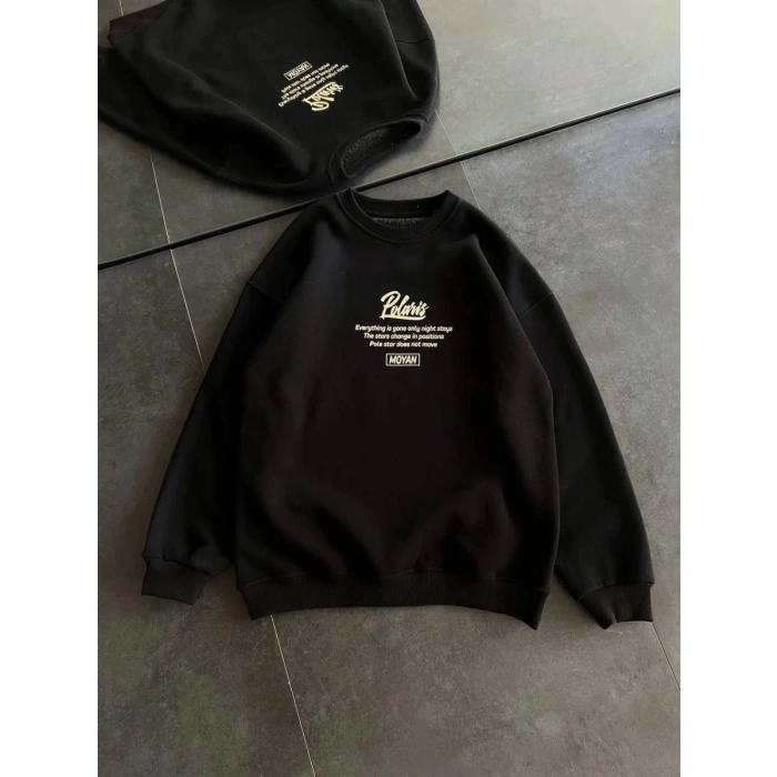 Kadın 3 iplik Pamuklu Bisiklet Yaka Baskılı SweatShirt - Siyah