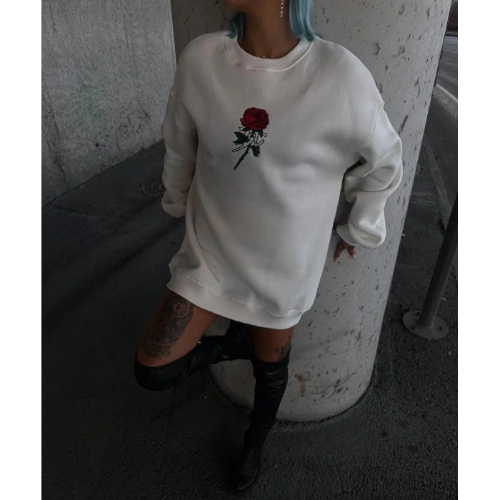 Kadın 3 iplik Pamuklu Bisiklet Yaka GÜL Baskılı SweatShirt - BeyazBeyaz