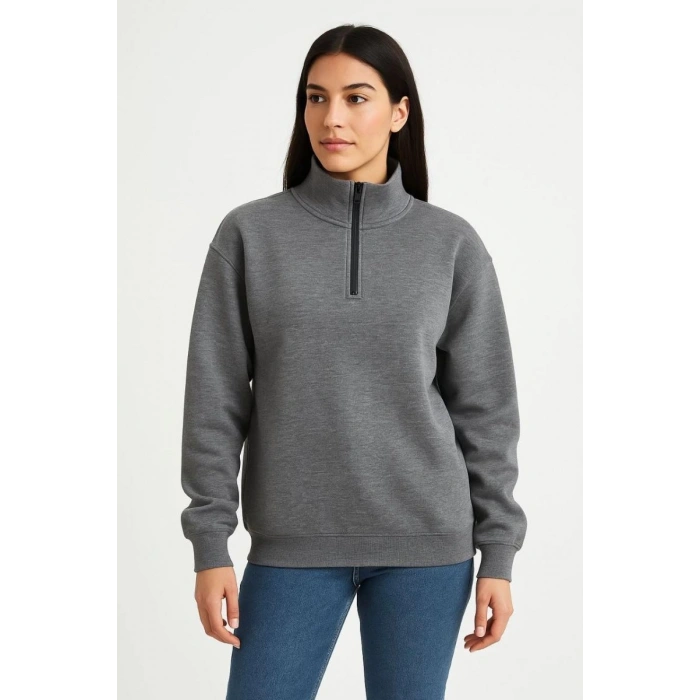Kadın 3 İplik Pamuklu Dık Yaka Yarım Fermuarlı SweatShirt - Antrasit