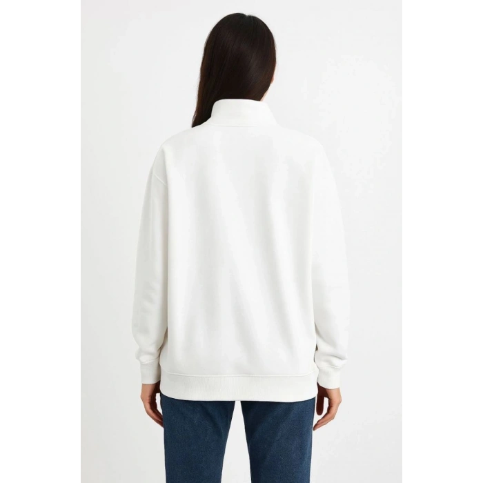 Kadın 3 İplik Pamuklu Dık Yaka Yarım Fermuarlı SweatShirt - Beyaz