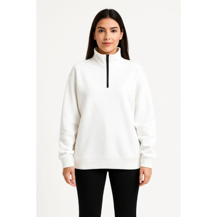 Kadın 3 İplik Pamuklu Dık Yaka Yarım Fermuarlı SweatShirt - Beyaz