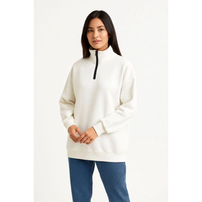 Kadın 3 İplik Pamuklu Dık Yaka Yarım Fermuarlı SweatShirt - Beyaz