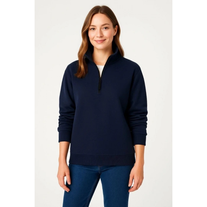 Kadın 3 İplik Pamuklu Dık Yaka Yarım Fermuarlı SweatShirt - Lacivert