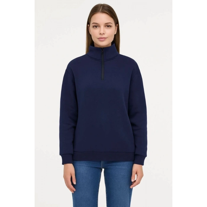 Kadın 3 İplik Pamuklu Dık Yaka Yarım Fermuarlı SweatShirt - Lacivert
