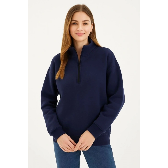 Kadın 3 İplik Pamuklu Dık Yaka Yarım Fermuarlı SweatShirt - Lacivert