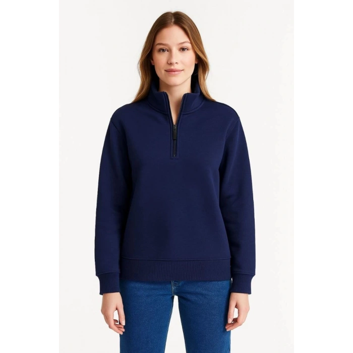 Kadın 3 İplik Pamuklu Dık Yaka Yarım Fermuarlı SweatShirt - Lacivert