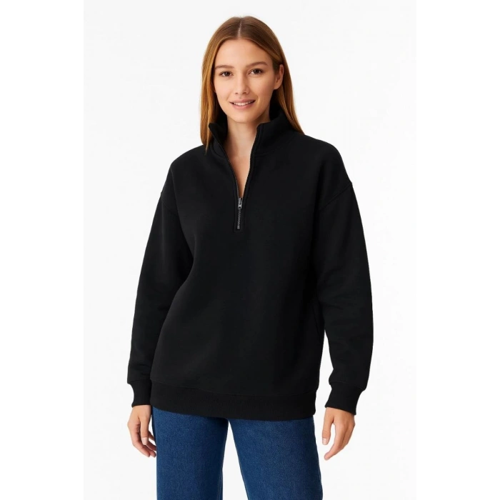 Kadın 3 İplik Pamuklu Dık Yaka Yarım Fermuarlı SweatShirt - Siyah