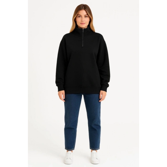 Kadın 3 İplik Pamuklu Dık Yaka Yarım Fermuarlı SweatShirt - Siyah