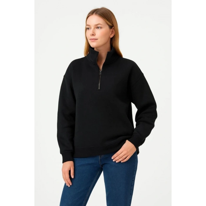 Kadın 3 İplik Pamuklu Dık Yaka Yarım Fermuarlı SweatShirt - Siyah