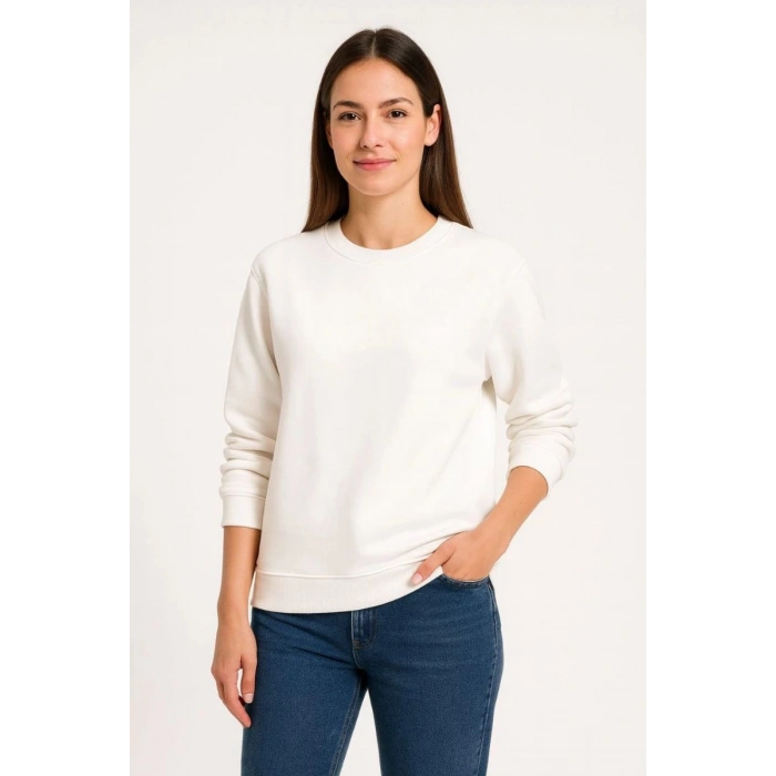 Kadın 3 İplik Pamuklu Düz Bisiklet Yaka SweatShirt - Beyaz