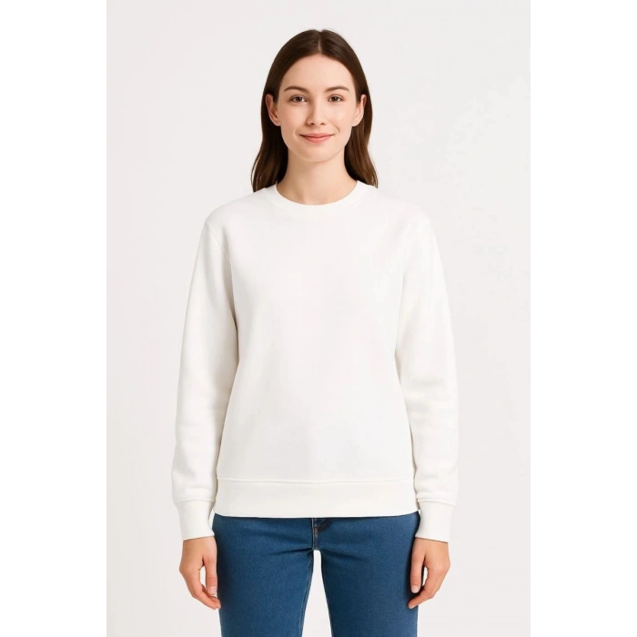 Kadın 3 İplik Pamuklu Düz Bisiklet Yaka SweatShirt - Beyaz