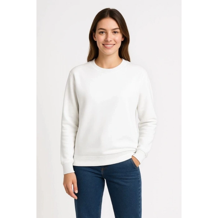 Kadın 3 İplik Pamuklu Düz Bisiklet Yaka SweatShirt - Beyaz