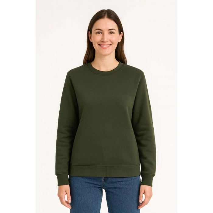 Kadın 3 İplik Pamuklu Düz Bisiklet Yaka SweatShirt - Haki
