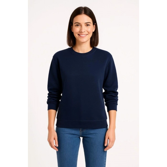 Kadın 3 İplik Pamuklu Düz Bisiklet Yaka SweatShirt - Lacivert