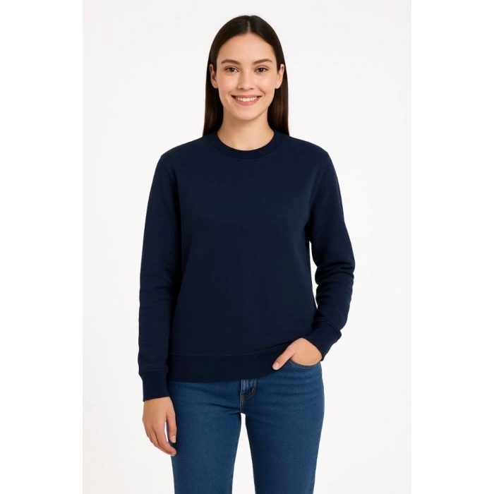 Kadın 3 İplik Pamuklu Düz Bisiklet Yaka SweatShirt - Lacivert
