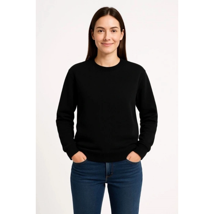 Kadın 3 İplik Pamuklu Düz Bisiklet Yaka SweatShirt - Siyah