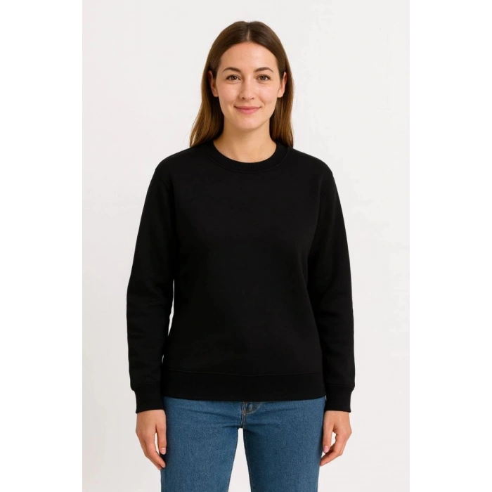 Kadın 3 İplik Pamuklu Düz Bisiklet Yaka SweatShirt - Siyah