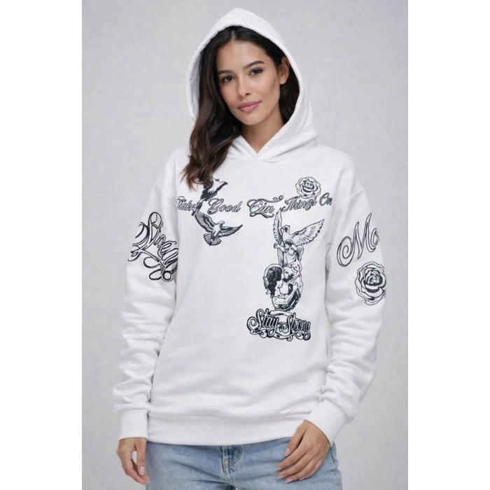 Kadın 3 İplik Pamuklu Kapüşonlu Baskılı SweatShirt hoodie - Beyaz