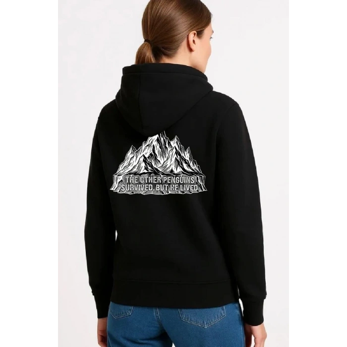 Kadın 3 İplik Pamuklu Kapüşonlu Hoodie Sweatshirt Nihilist Penguen Baskılı - Siyah