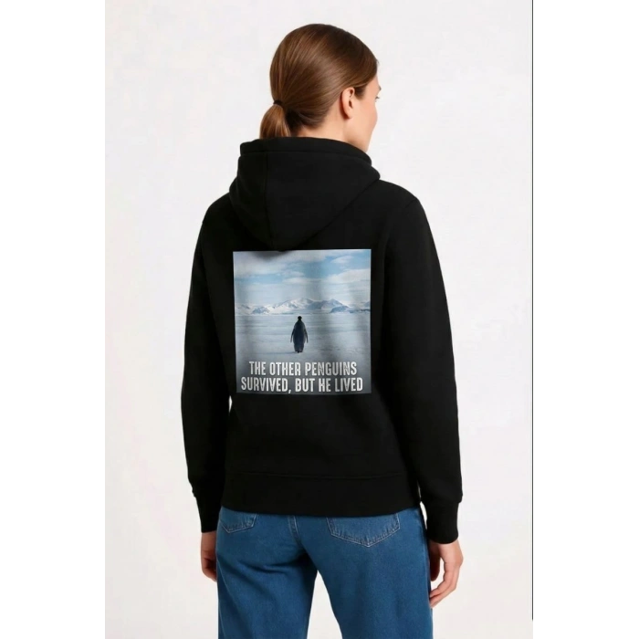 Kadın 3 İplik Pamuklu Kapüşonlu Hoodie Sweatshirt Survivor Penguen Baskılı - Siyah