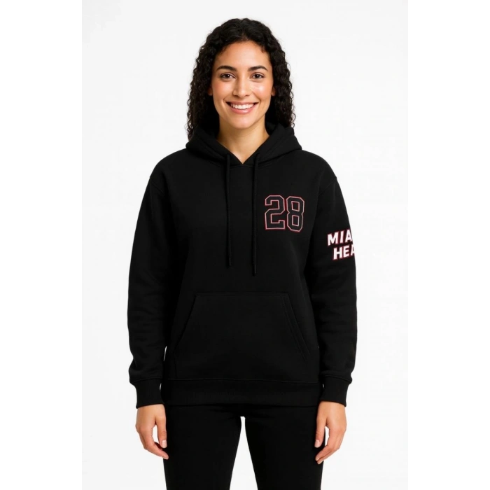 Kadın 3 İplik Pamuklu Kapüşonlu Kanguru Cepli Baskılı Hoodie Sweatshirt - Siyah