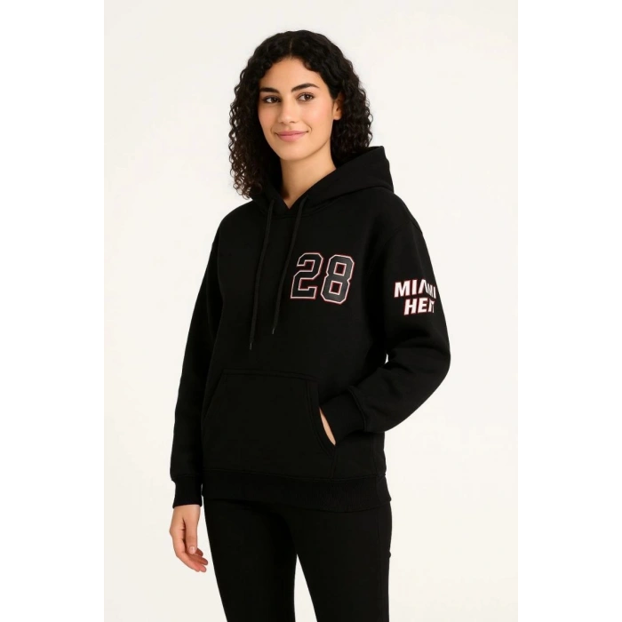 Kadın 3 İplik Pamuklu Kapüşonlu Kanguru Cepli Baskılı Hoodie Sweatshirt - Siyah