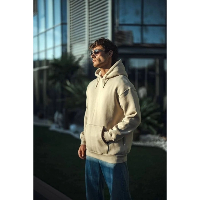 Kadın 3 İplik Pamuklu Kapüşonlu Kanguru Cepli Oversize Hoodie Sweatshirt - Bej
