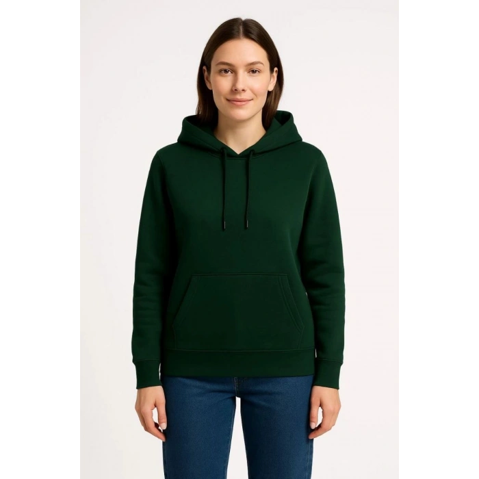 Kadın 3 İplik Pamuklu Kapüşonlu Kanguru Cepli Sweatshirt hoodie - Haki