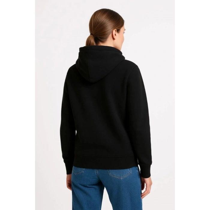 Kadın 3 İplik Pamuklu Kapüşonlu Kanguru Cepli Sweatshirt hoodie - Siyah