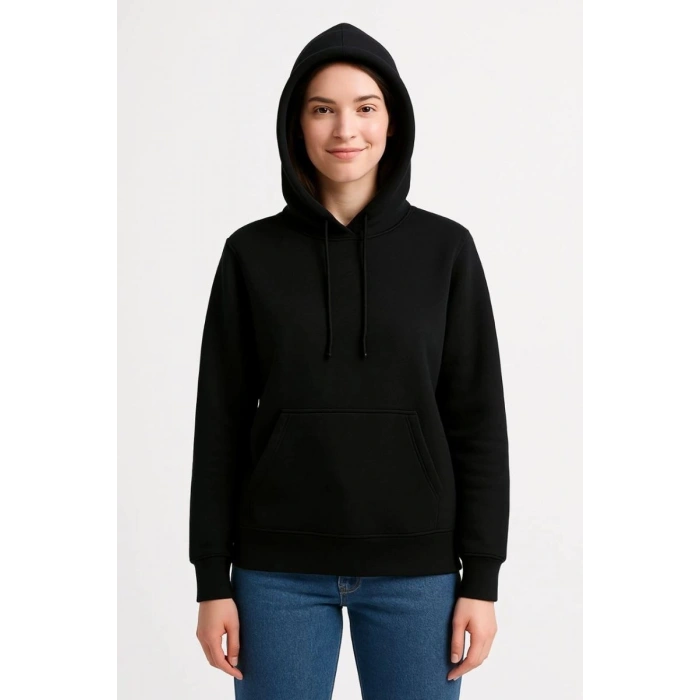 Kadın 3 İplik Pamuklu Kapüşonlu Kanguru Cepli Sweatshirt hoodie - Siyah