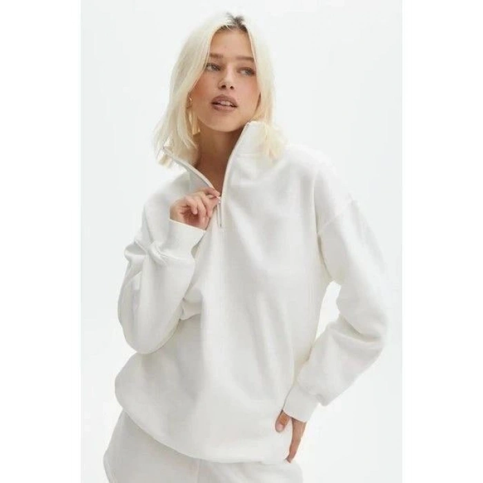 Kadın 3 İplik Pamuklu Oversize Yarım Fermuarlı Yakalı Basic Sweatshirt - Beyaz