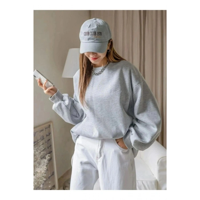Kadın 3 İplik Pamuklu Oversize Yarım Fermuarlı Yakalı Basic Sweatshirt - Gri