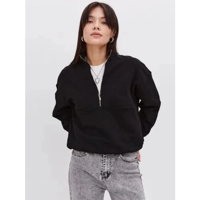 Kadın 3 İplik Pamuklu Oversize Yarım Fermuarlı Yakalı Basic Sweatshirt - Siyah