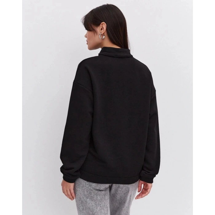 Kadın 3 İplik Pamuklu Oversize Yarım Fermuarlı Yakalı Basic Sweatshirt - Siyah