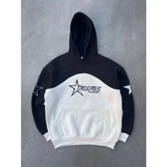 Kadın 3 İplik Pamuklu Parçalı Nakış İşlemelı Kapüşonlu SweatShirt Hoodie - Siyah